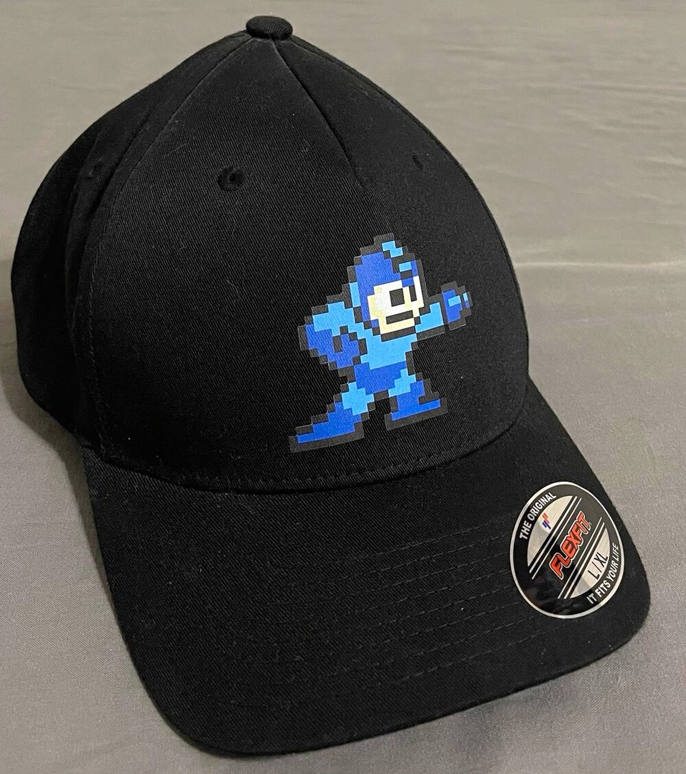 Mega Man Pixel Flexfit Hat Black L/XL Stretch Fit Cap Video Game Graphic Unused